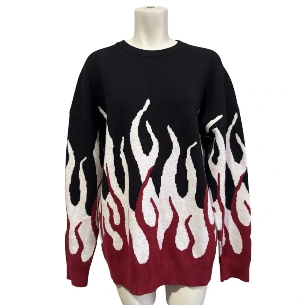 MAENER Gengar Skater Flame Graphic Crewneck Sweater Long Sleeve Streetwear Small
